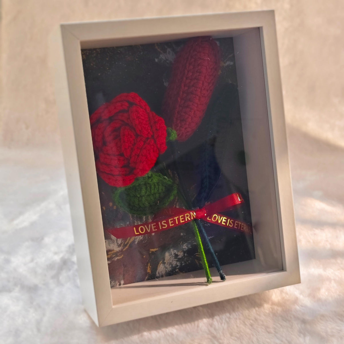 Handmade Crochet Rose Shadow Box Frame Romantic Floral Home Decor