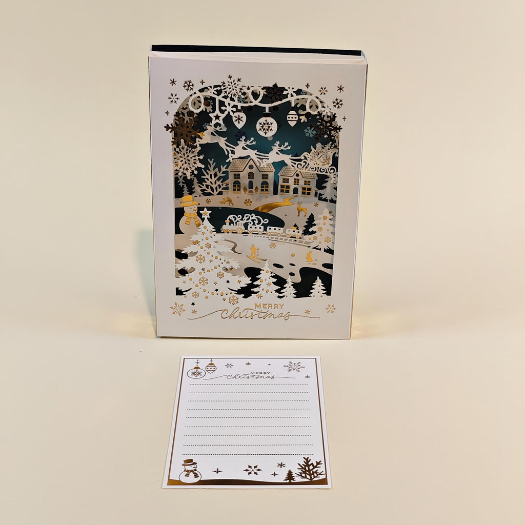 3D Christmas Card, Laser Cut Winter Wonderland, Snowy Village Keepsake with Message Insert