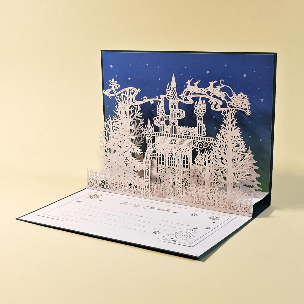3D Pop Up Christmas Card, Enchanted Winter Castle with Santa Sleigh, Removable Message Insert