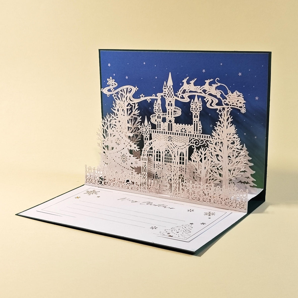 3D Pop Up Christmas Card, Enchanted Winter Castle with Santa Sleigh, Removable Message Insert