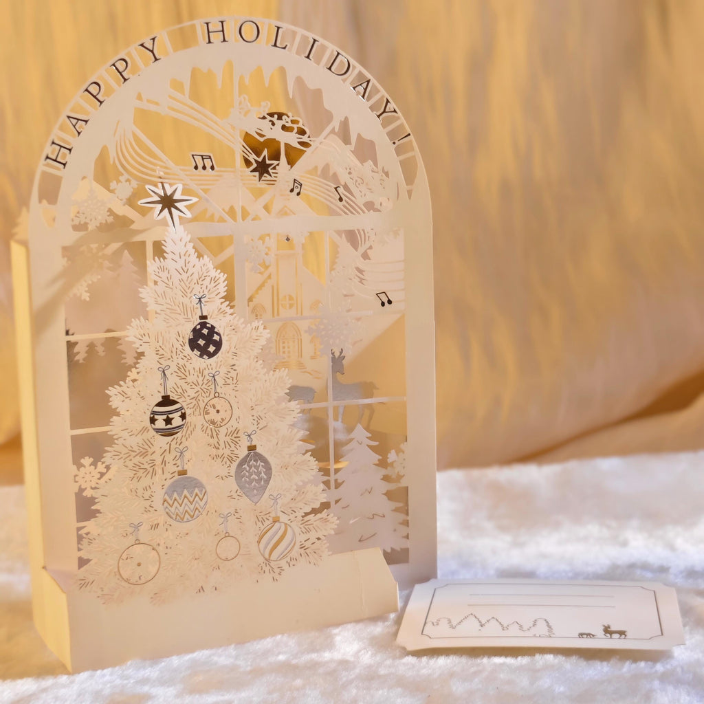 3D Christmas Pop Up Card, White Paper Cut Tree, Holiday Greeting (130mm x 190mm)