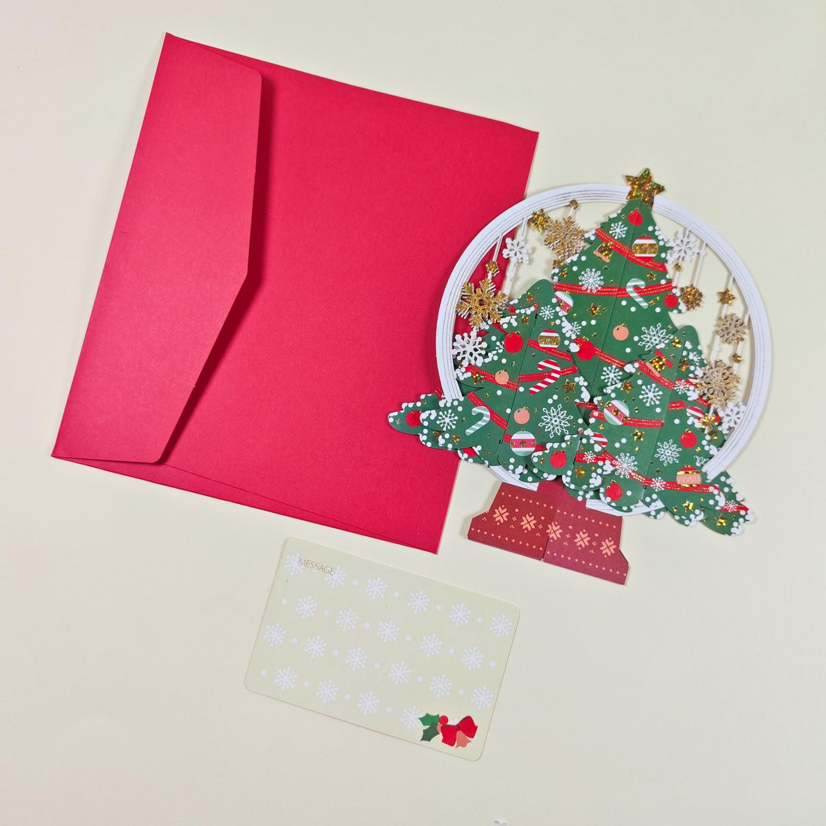 3D Christmas Tree Greeting Card with Hanging Snowflakes and Festive Paper Decorations