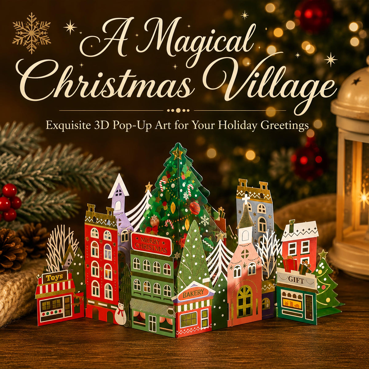3D Pop Up Christmas Card, Foil Christmas Village, Festive Paper Art, Luxury Holiday Greeting