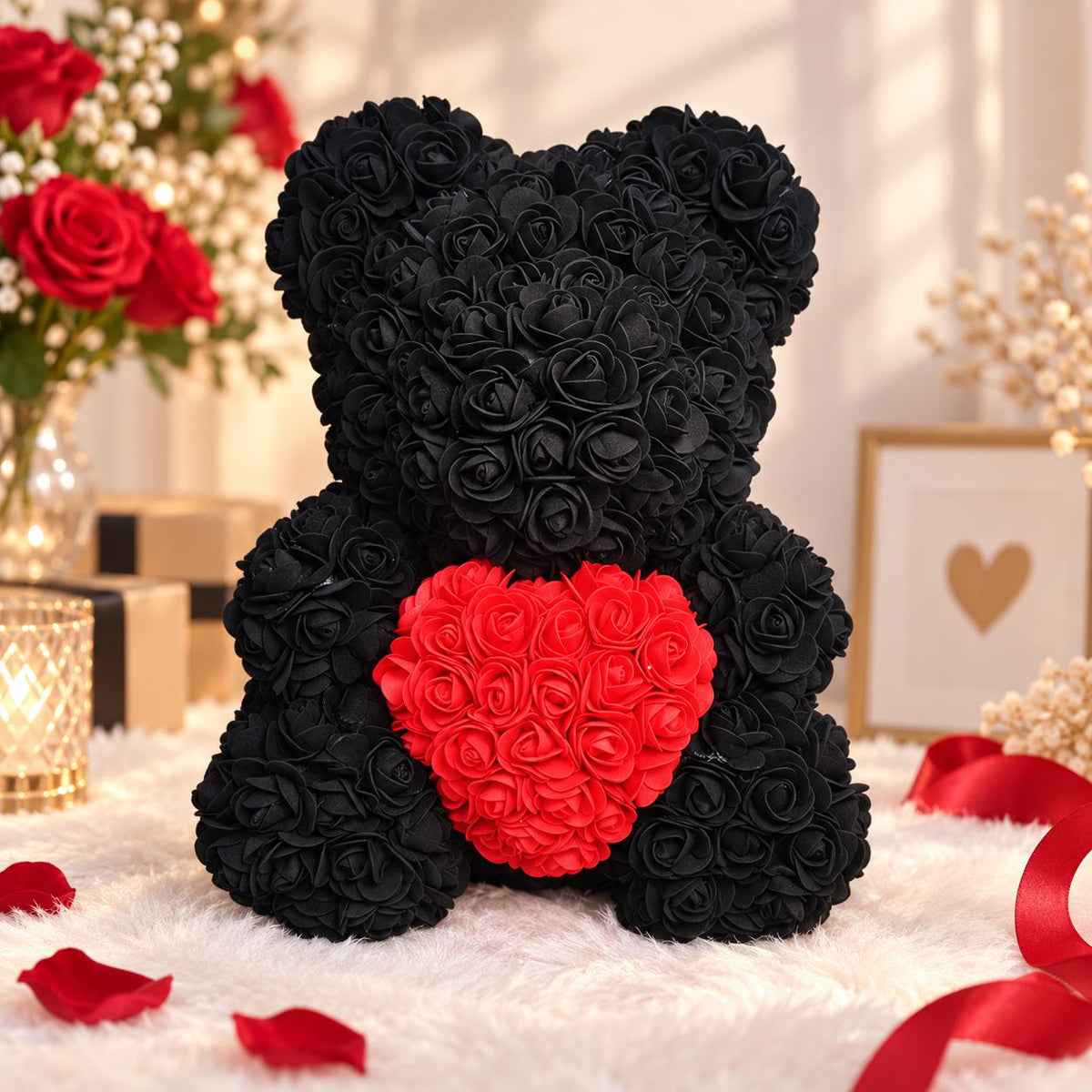 Hand-Crafted PE Foam Rose Dog / Bear Figurine, Artificial Flower Ornament (Gift Box)