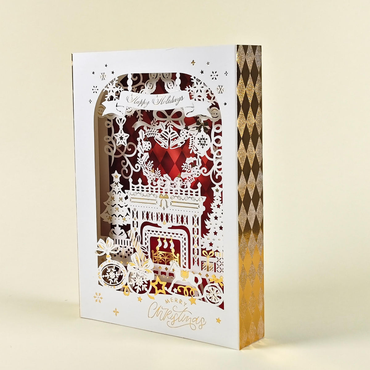 3D Dimensional Layered Paper Art Christmas Card with Fireplace Scene and Removable Message Insert