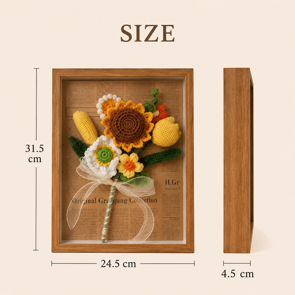 Handmade Crochet Sunflower Shadow Box Frame Rustic Botanical Wall Decor