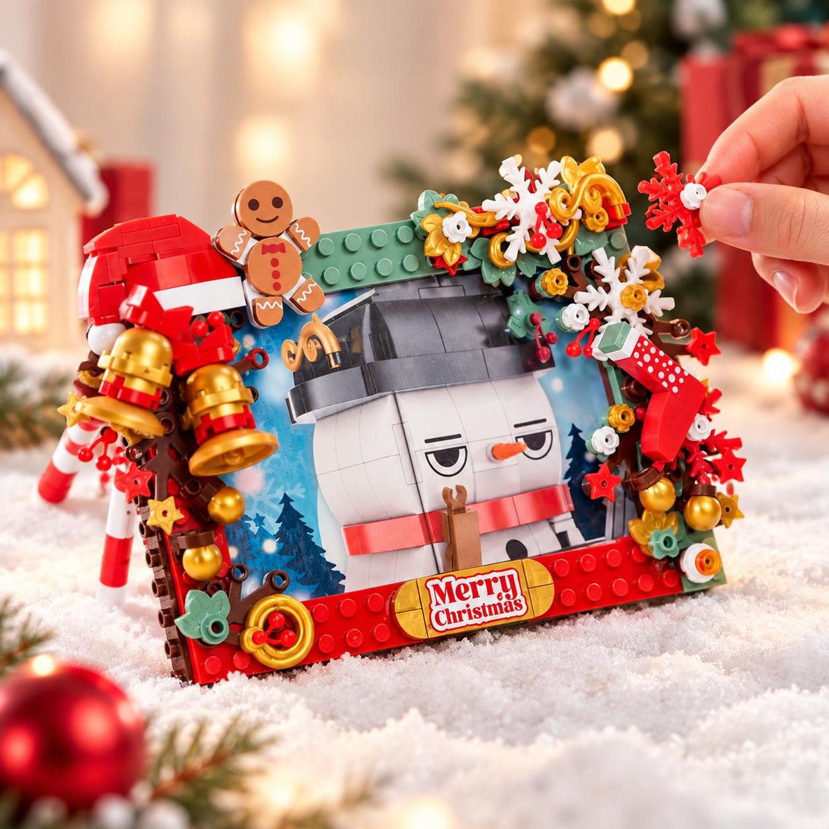 Snowman Christmas Photo Frame Building Set, Festive Brick Picture Frame Decoration
