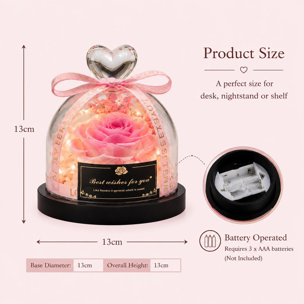 LED Preserved Rose Dome Glass Flower Eternal Bloom Romantic Home Decor Keepsake Light
