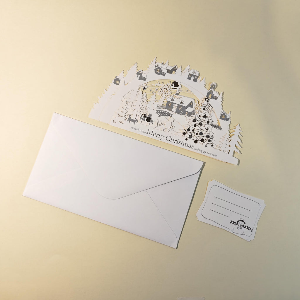 3D Layered Paper Christmas Card, Snowy Village Scene, White and Gold