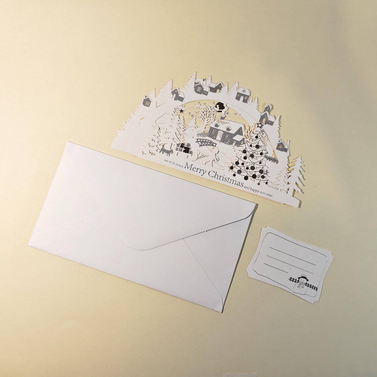 3D Layered Paper Christmas Card, Snowy Village Scene, White and Gold
