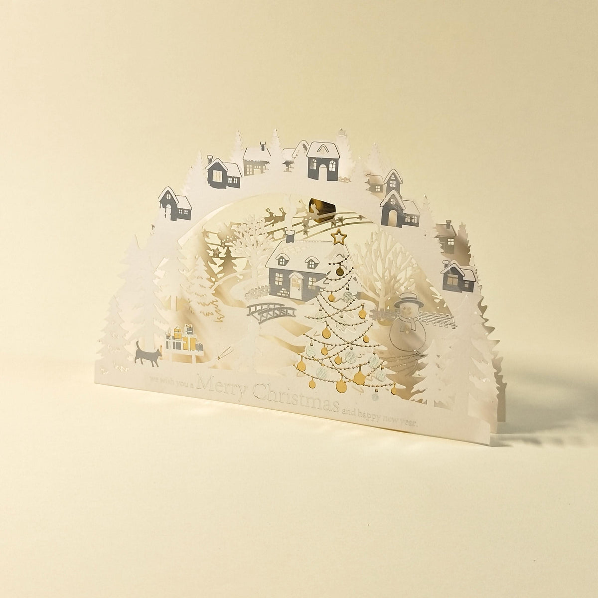 3D Layered Paper Christmas Card, Snowy Village Scene, White and Gold