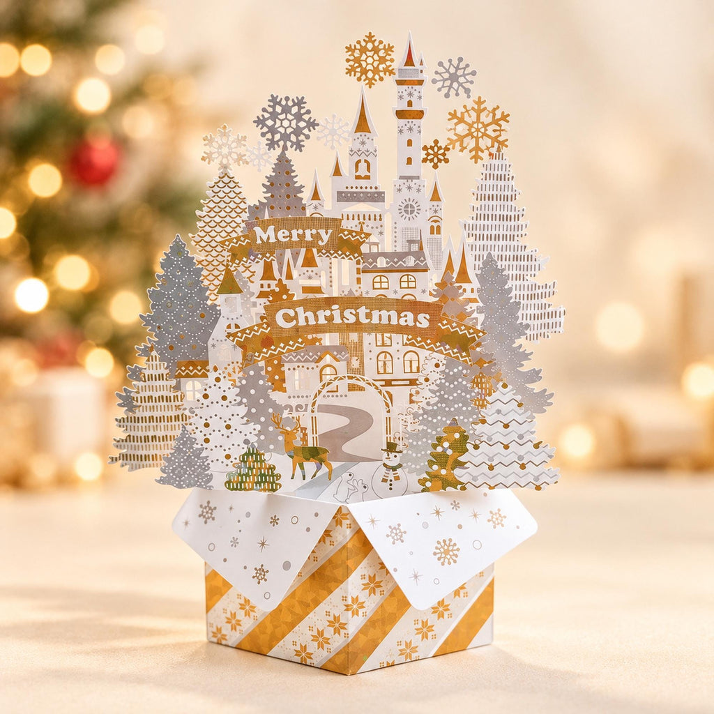 3D Christmas Castle Pop Up Card, Snowy Winter Wonderland Paper Sculpture