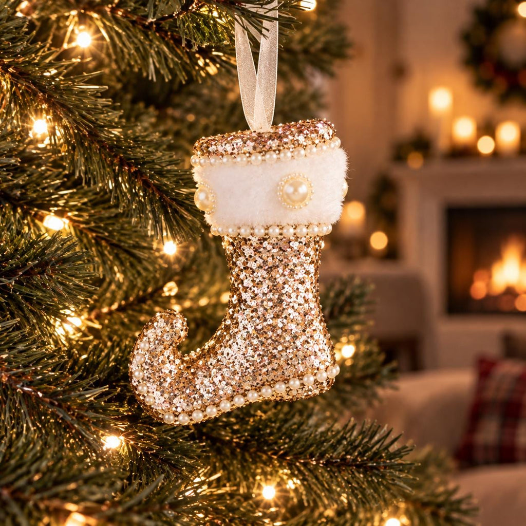 Champagne Gold Christmas Ornaments, Luxury Baubles, Glitter Tree Decorations, Elegant Holiday Decor