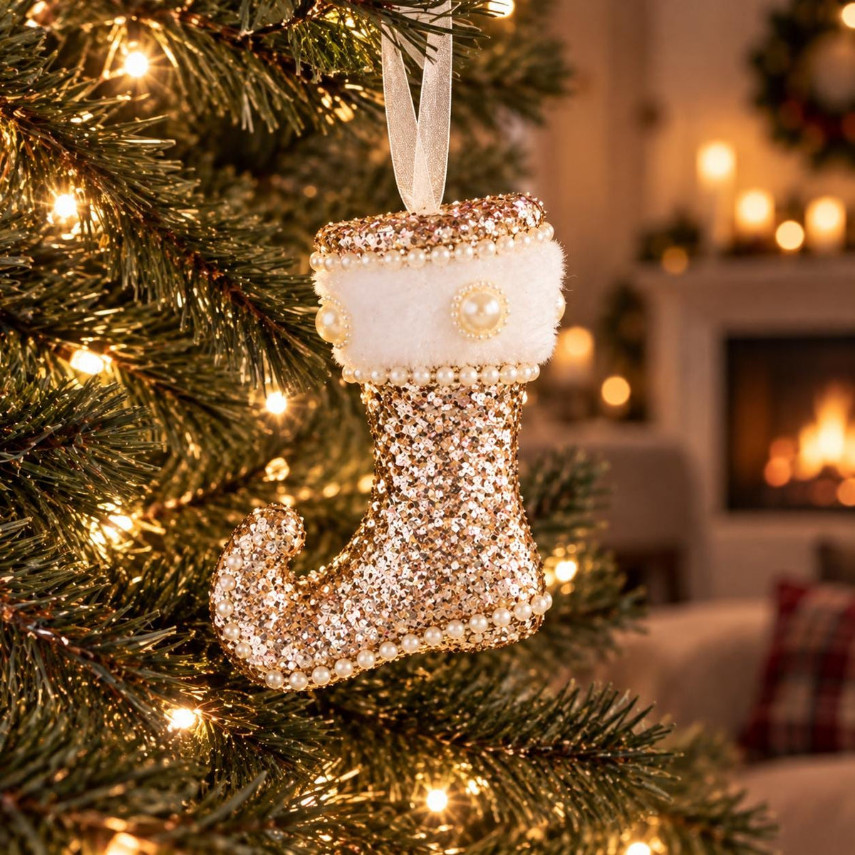 Champagne Gold Christmas Ornaments, Luxury Baubles, Glitter Tree Decorations, Elegant Holiday Decor