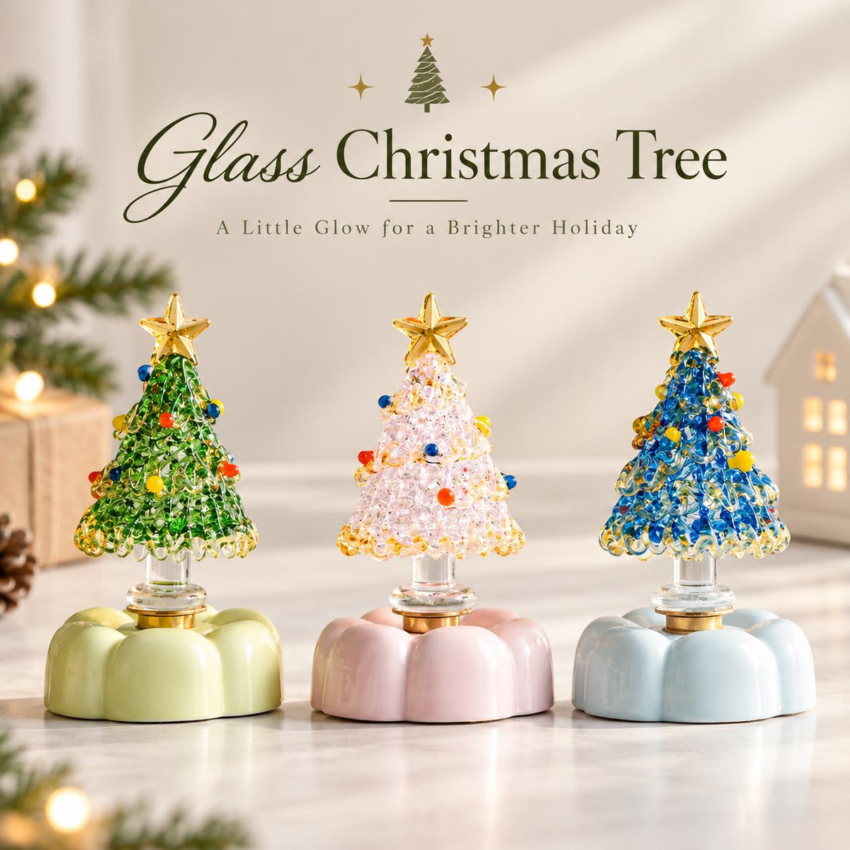Handmade Rotating Glass Christmas Tree Gift for Holiday Desktop Tabletop Ornament