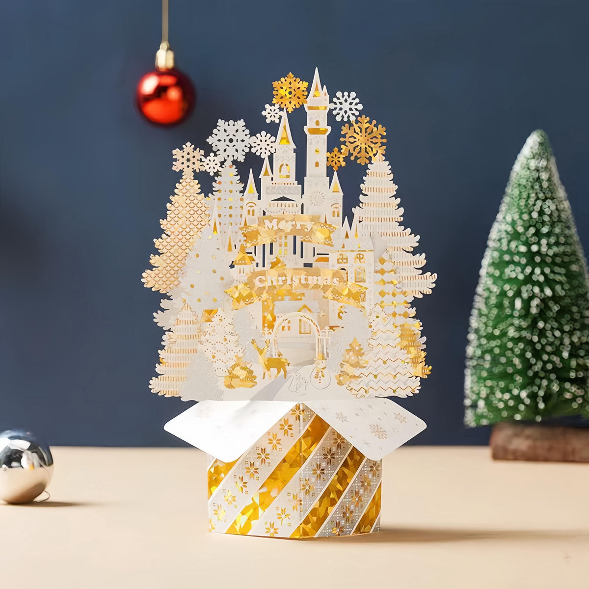3D Pop Up Christmas Card, Foil Christmas Village, Festive Paper Art, Luxury Holiday Greeting