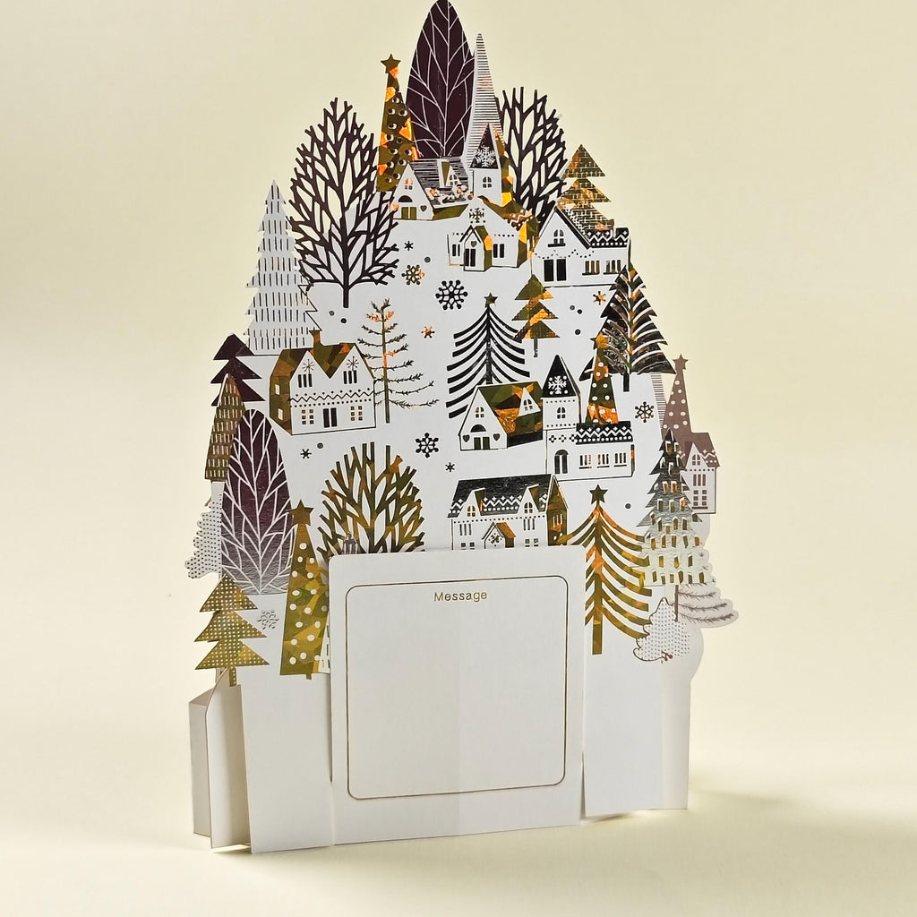 3D Christmas Village Pop Up Card, Gold Foil Winter Forest Scene, Festive Keepsake