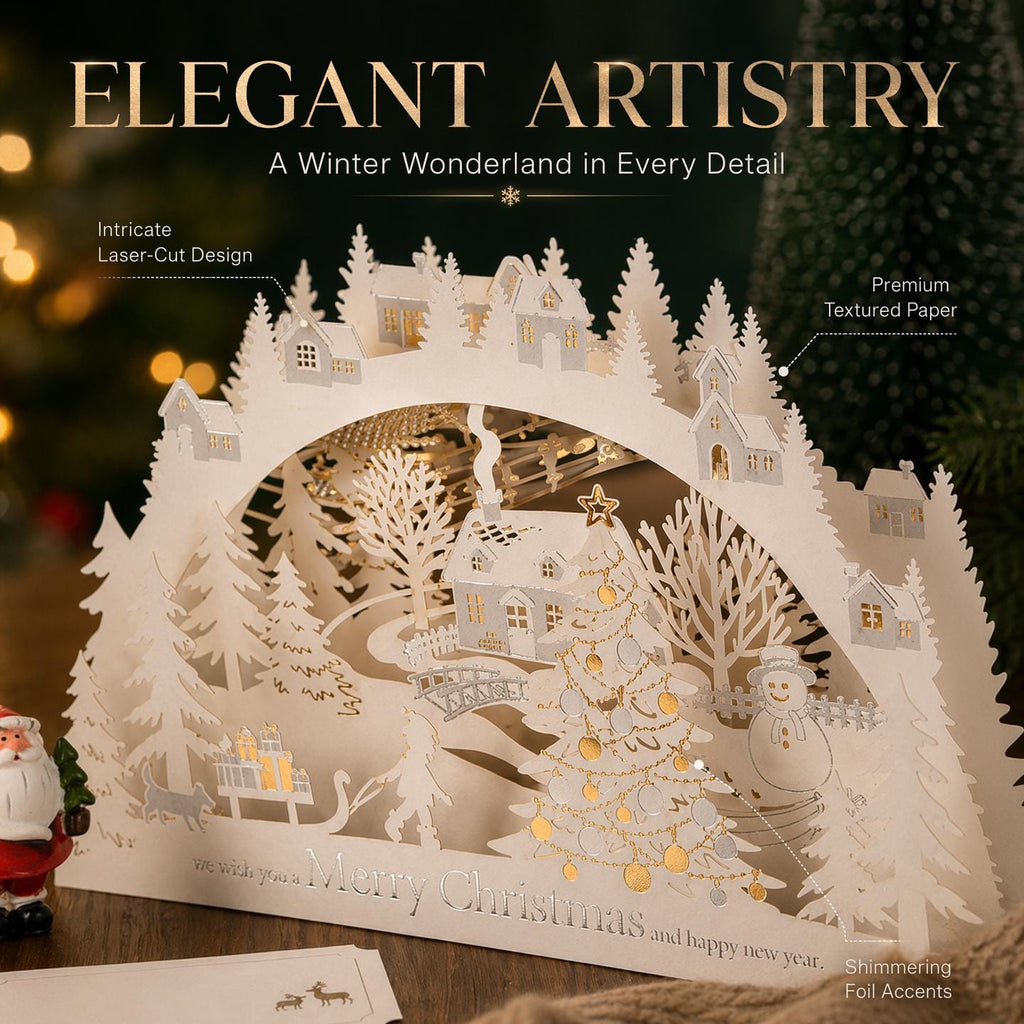3D Christmas Village Pop Up Card, Winter Wonderland Paper Art Keepsake, Envelope & Message Card