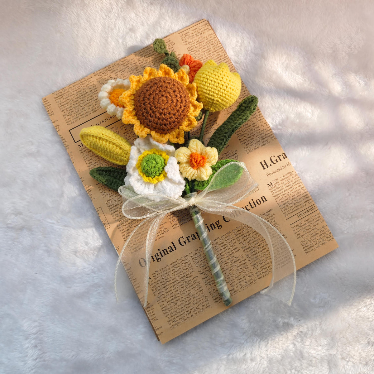 Handmade Crochet Sunflower Shadow Box Frame Rustic Botanical Wall Decor