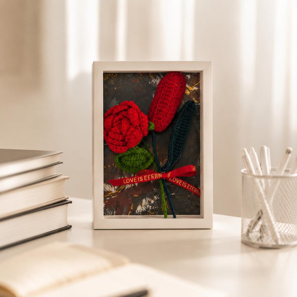 Handmade Crochet Rose Shadow Box Frame Romantic Floral Home Decor