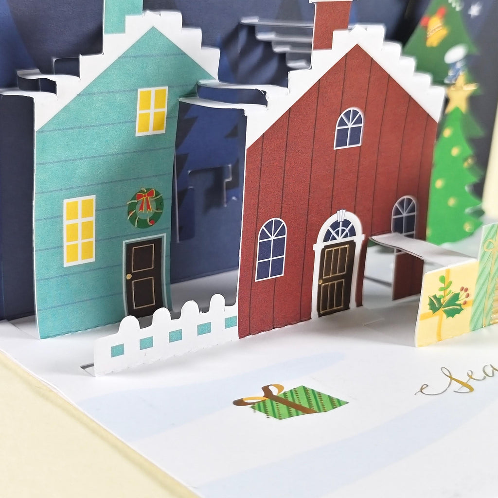 3D Pop Up Christmas Cards Set of 3, Festive Tree, Snowy Village and Presents