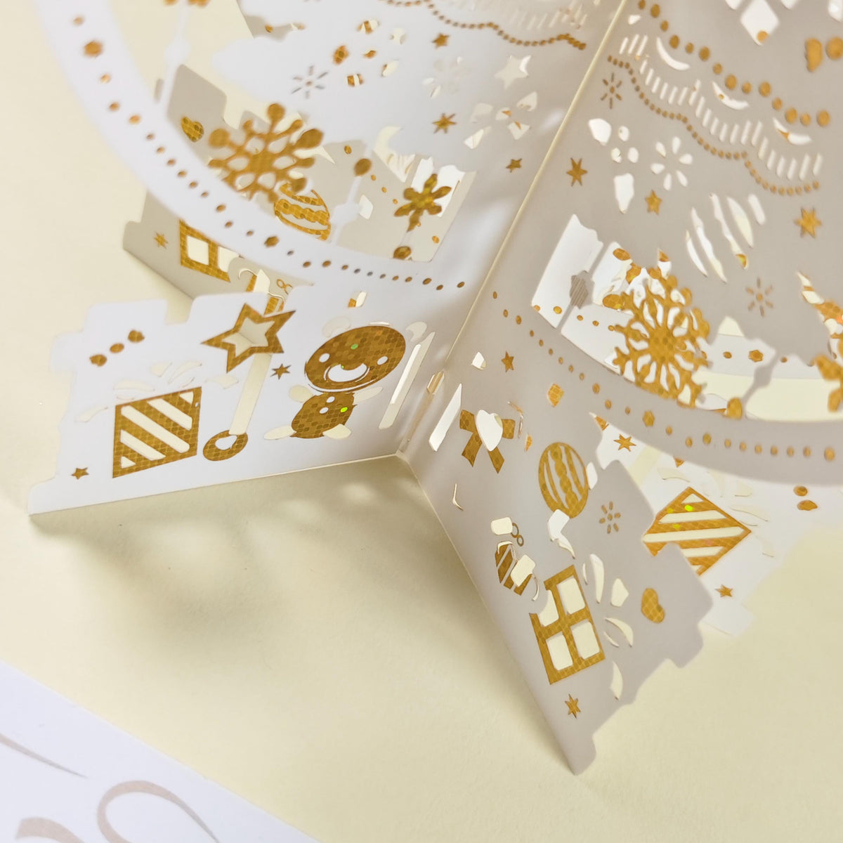 White Gold Snowflake Christmas Pop Up Card, 3D Paper Tree, Festive Keepsake Decoration