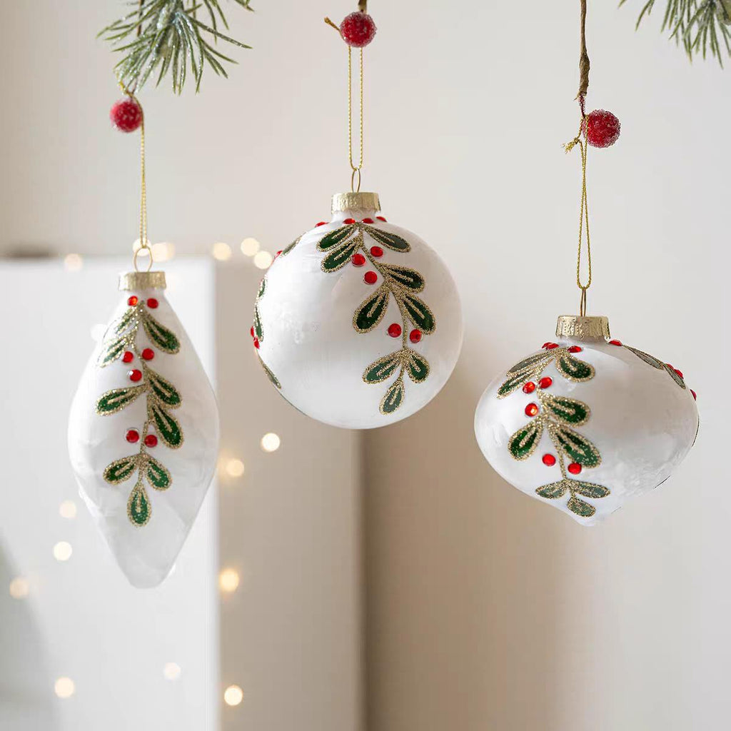 White Glass Christmas Ornaments Set of 3, Glitter Botanical Baubles, Elegant Tree Decorations
