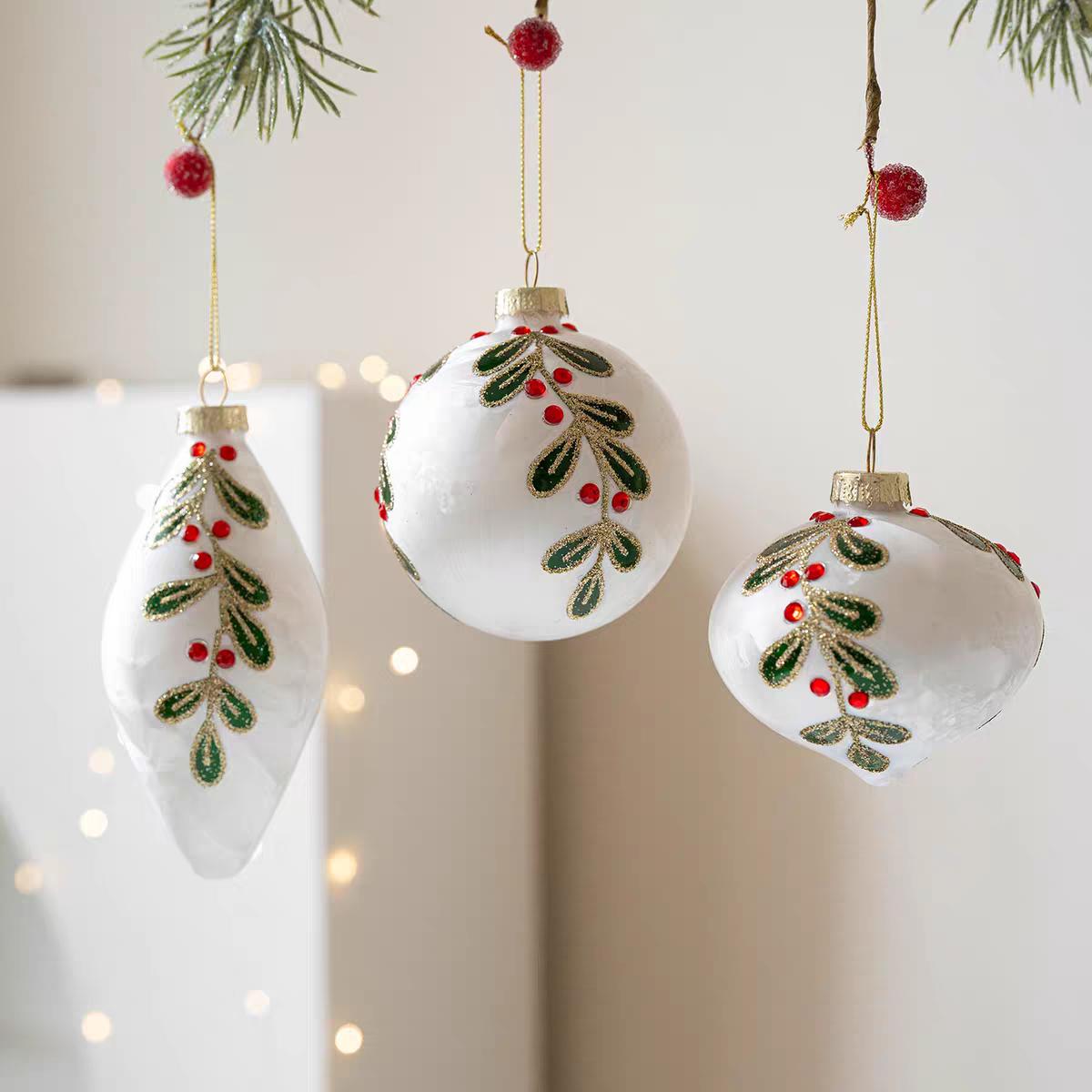 White Glass Christmas Ornaments Set of 3, Glitter Botanical Baubles, Elegant Tree Decorations