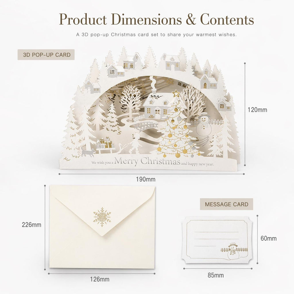 3D Christmas Village Pop Up Card, Winter Wonderland Paper Art Keepsake, Envelope & Message Card