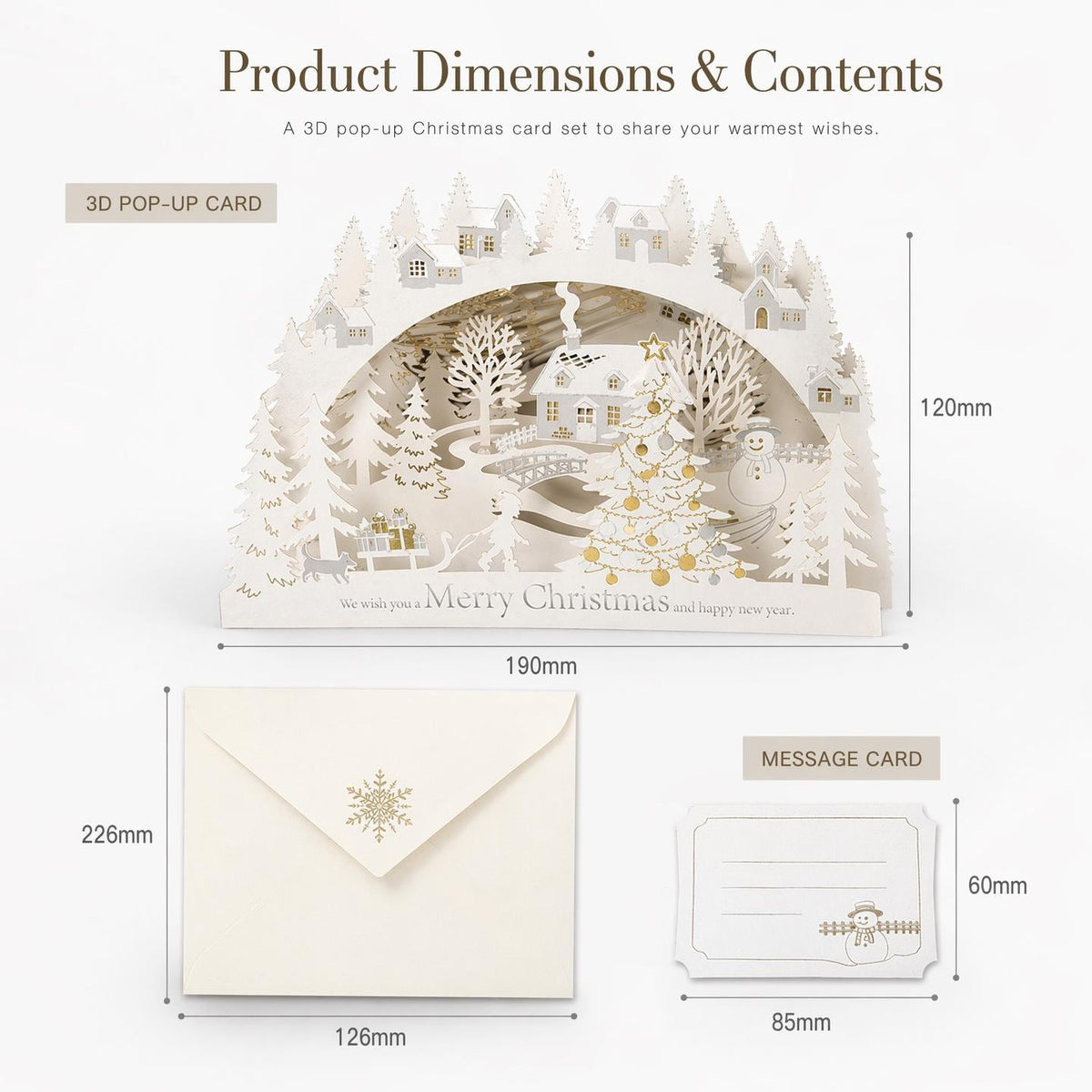 3D Christmas Village Pop Up Card, Winter Wonderland Paper Art Keepsake, Envelope & Message Card