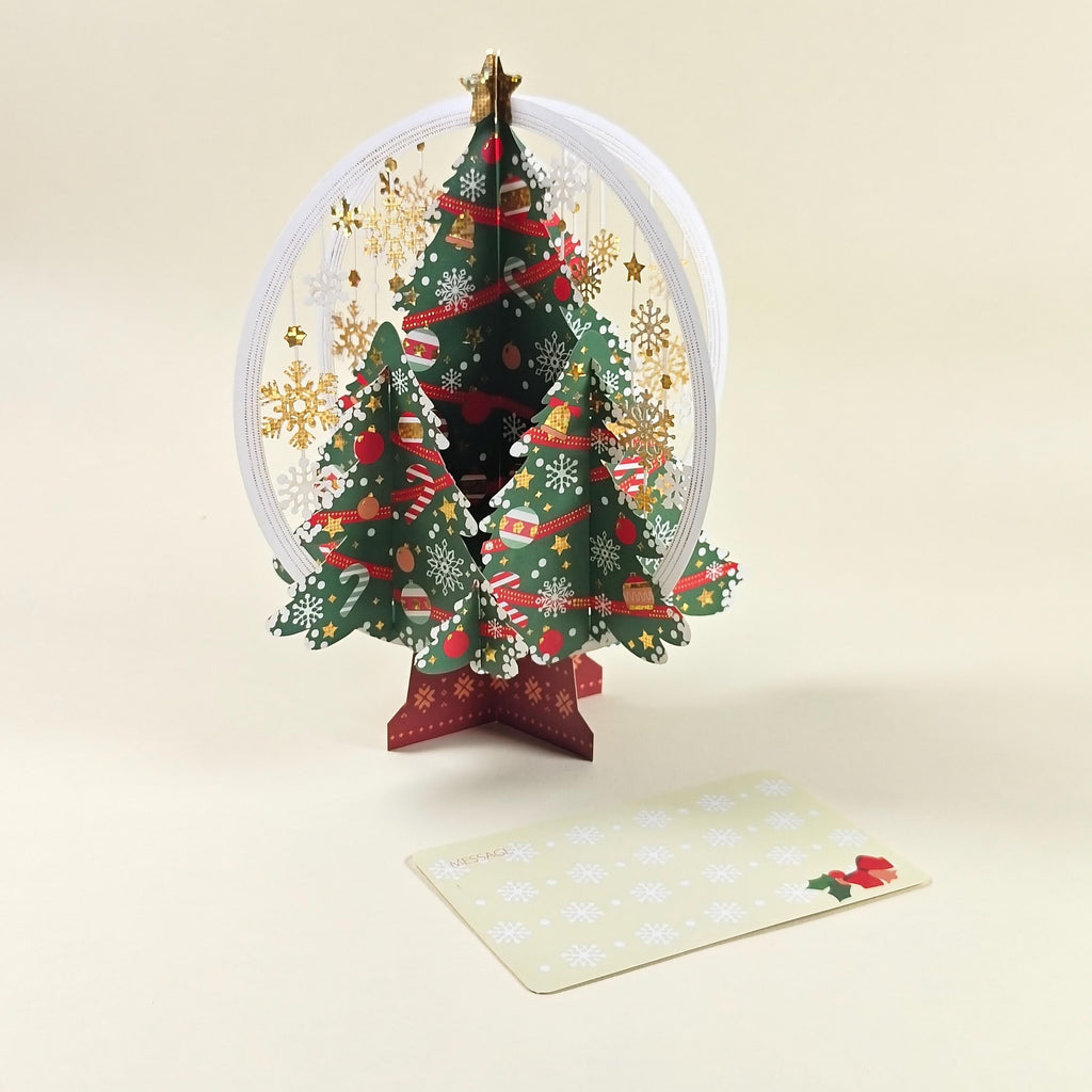 3D Christmas Tree Greeting Card with Hanging Snowflakes and Festive Paper Decorations