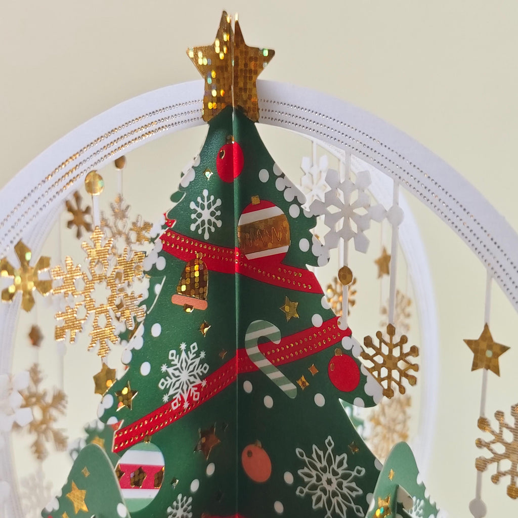 3D Christmas Tree Greeting Card with Hanging Snowflakes and Festive Paper Decorations