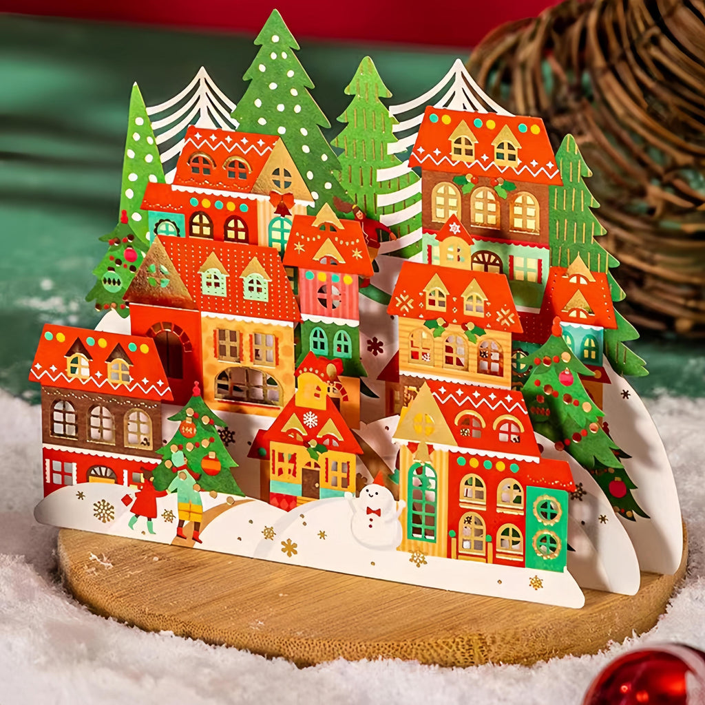 3D Pop Up Christmas Card, Foil Christmas Village, Festive Paper Art, Luxury Holiday Greeting