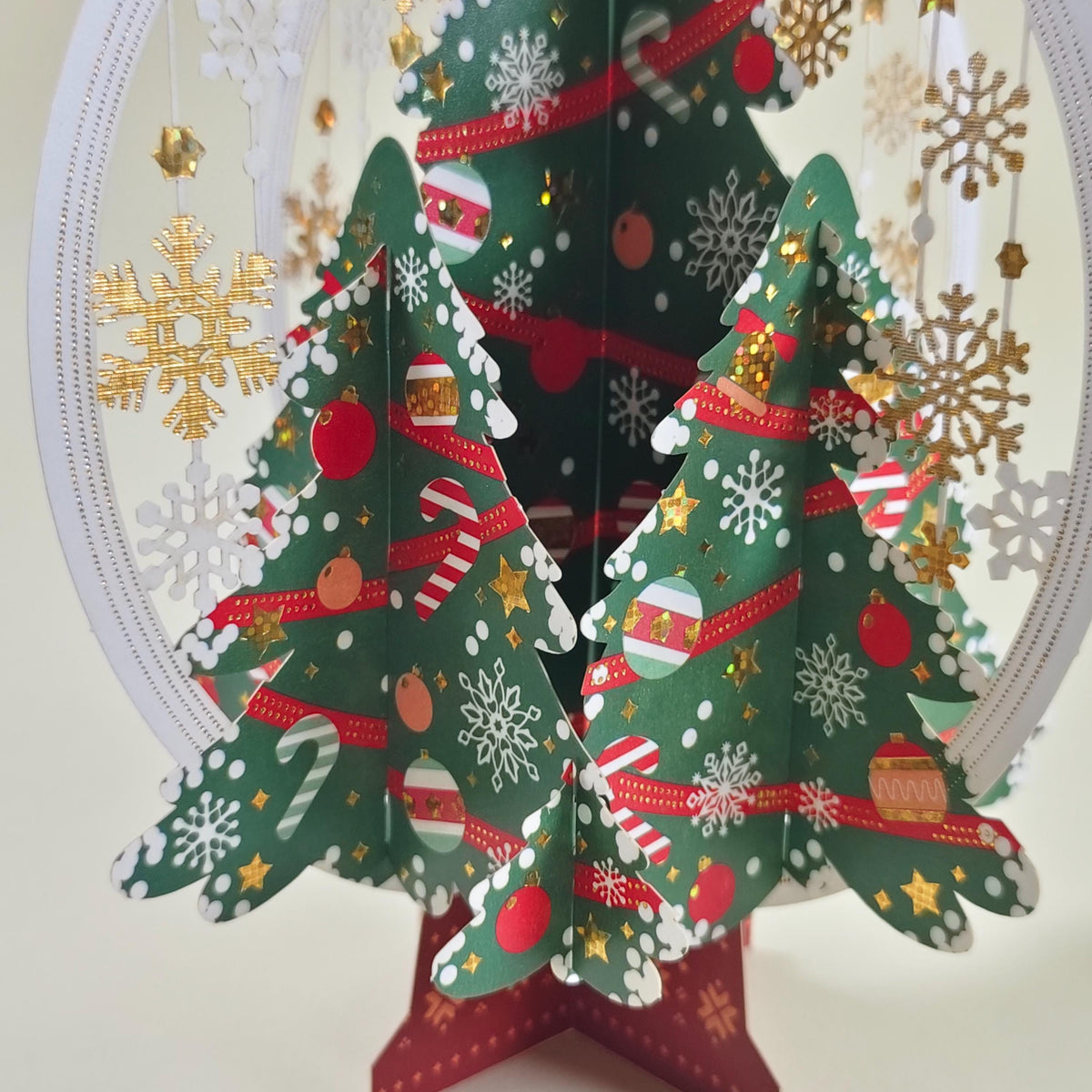 3D Christmas Tree Greeting Card with Hanging Snowflakes and Festive Paper Decorations