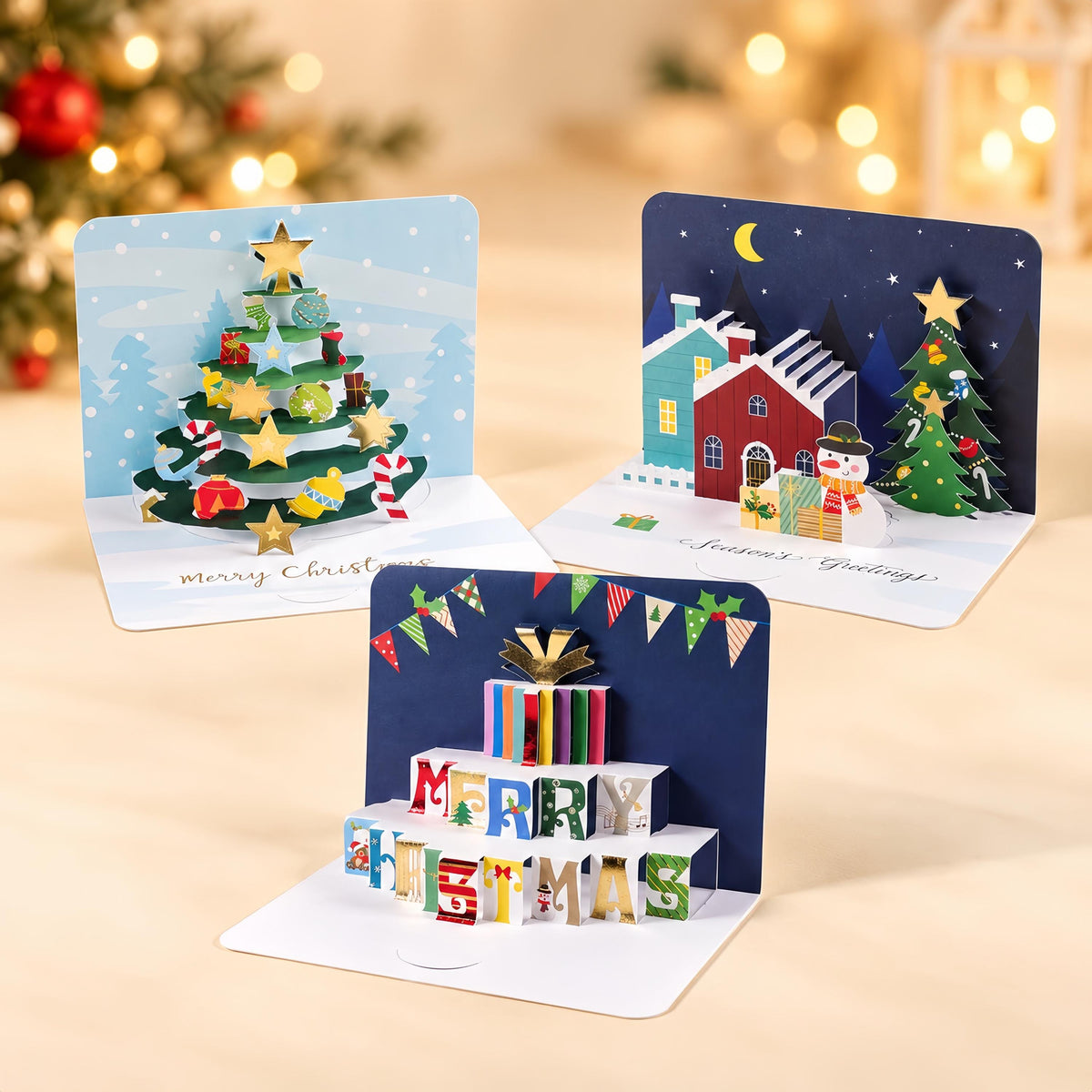3D Pop Up Christmas Cards Set of 3, Festive Tree, Snowy Village and Presents