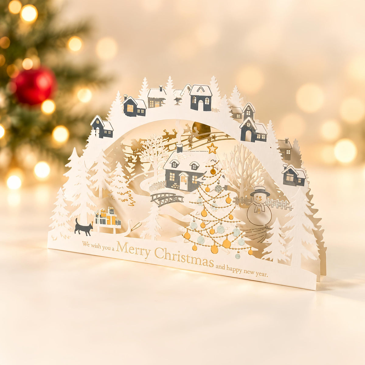 3D Layered Paper Christmas Card, Snowy Village Scene, White and Gold