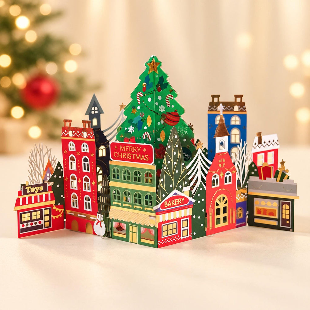 3D Christmas Village Pop Up Card with Festive Tree and Colourful Paper Houses