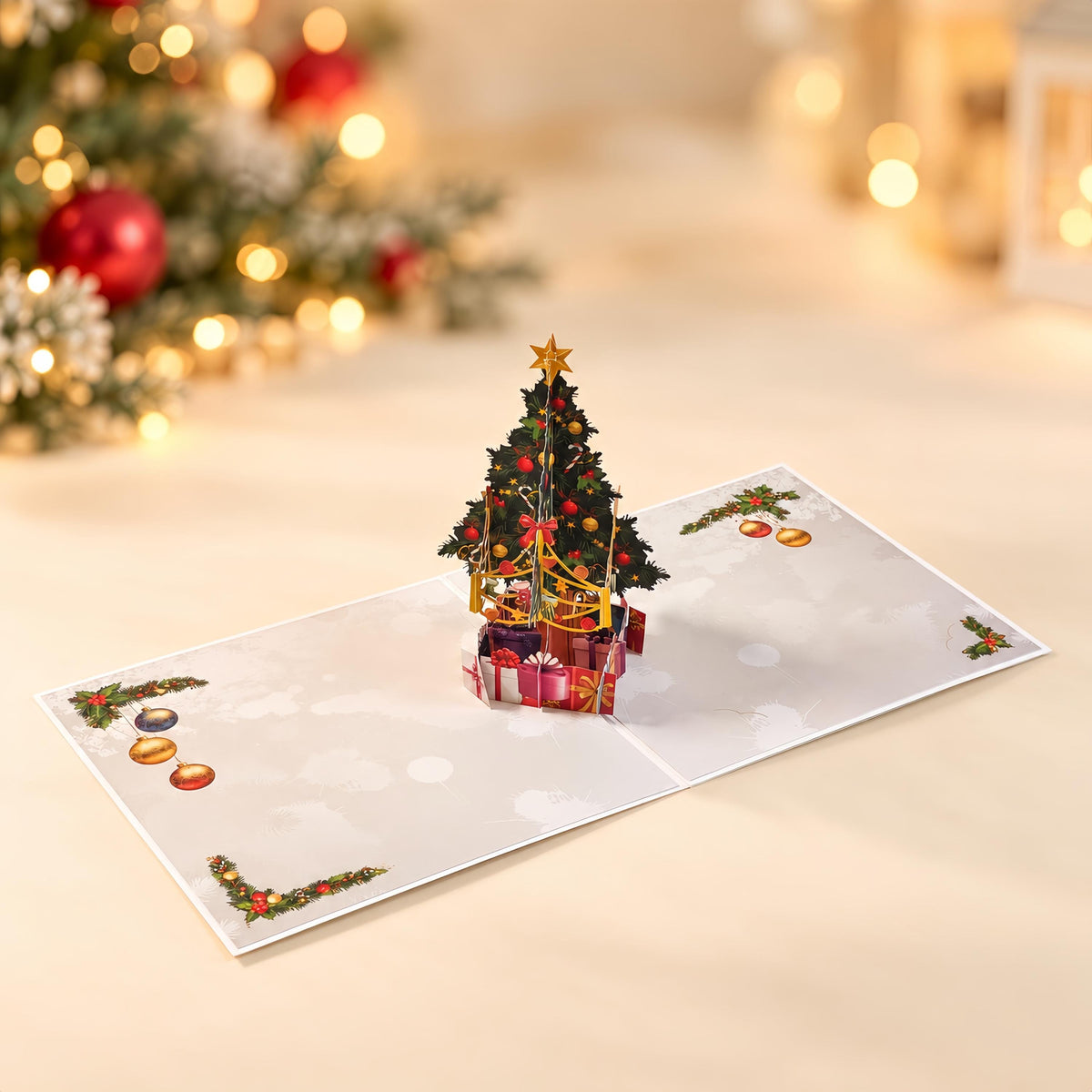 Pop Up Christmas Card, 3D Festive Tree with Presents, Holiday Greeting Surprise: Foldable, Wrapped Gifts, Star, Winter Patterns