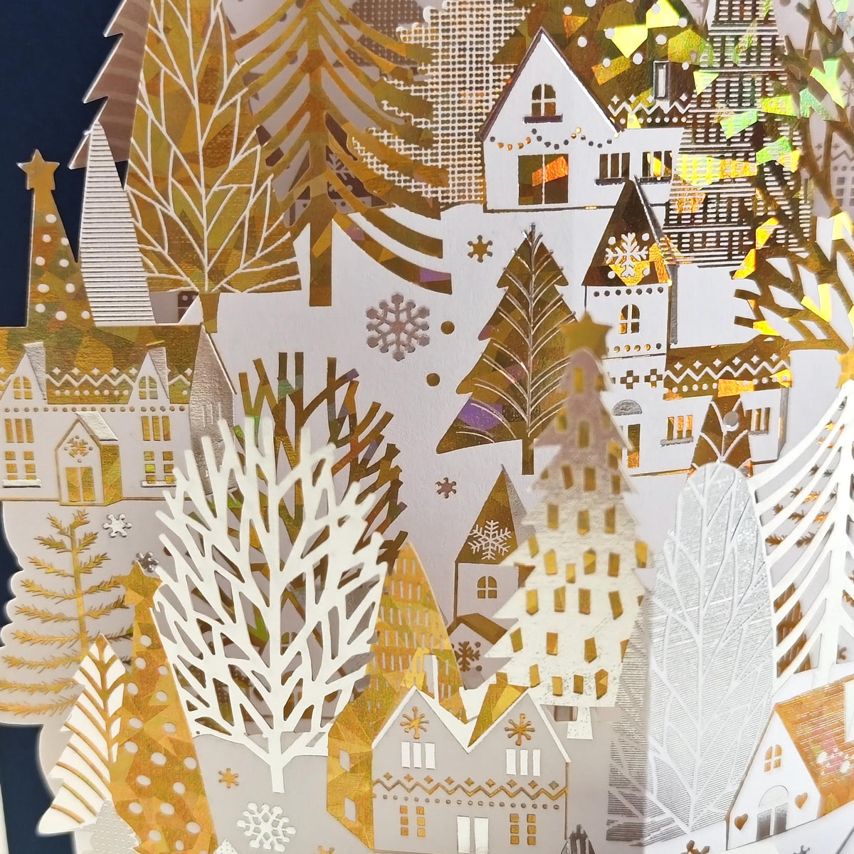 3D Christmas Village Pop Up Card, Gold Foil Winter Forest Scene, Festive Keepsake