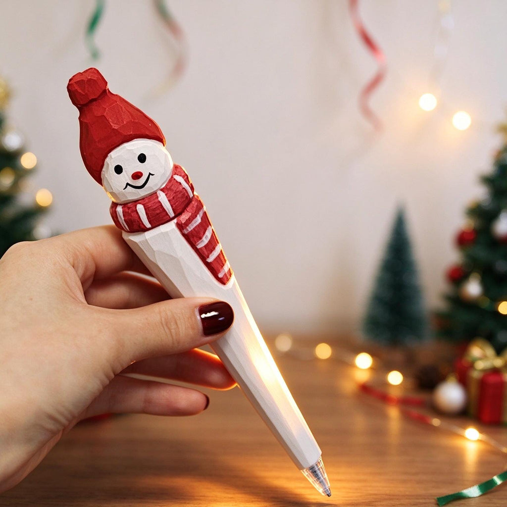 Hand Carved Wooden Christmas Pen Cute Santa Snowman Stationery Gift