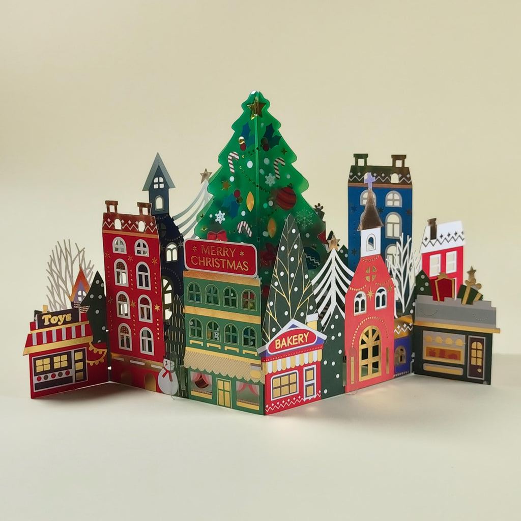 3D Christmas Village Pop Up Card with Festive Tree and Colourful Paper Houses
