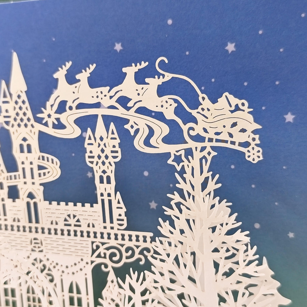 3D Pop Up Christmas Card, Enchanted Winter Castle with Santa Sleigh, Removable Message Insert