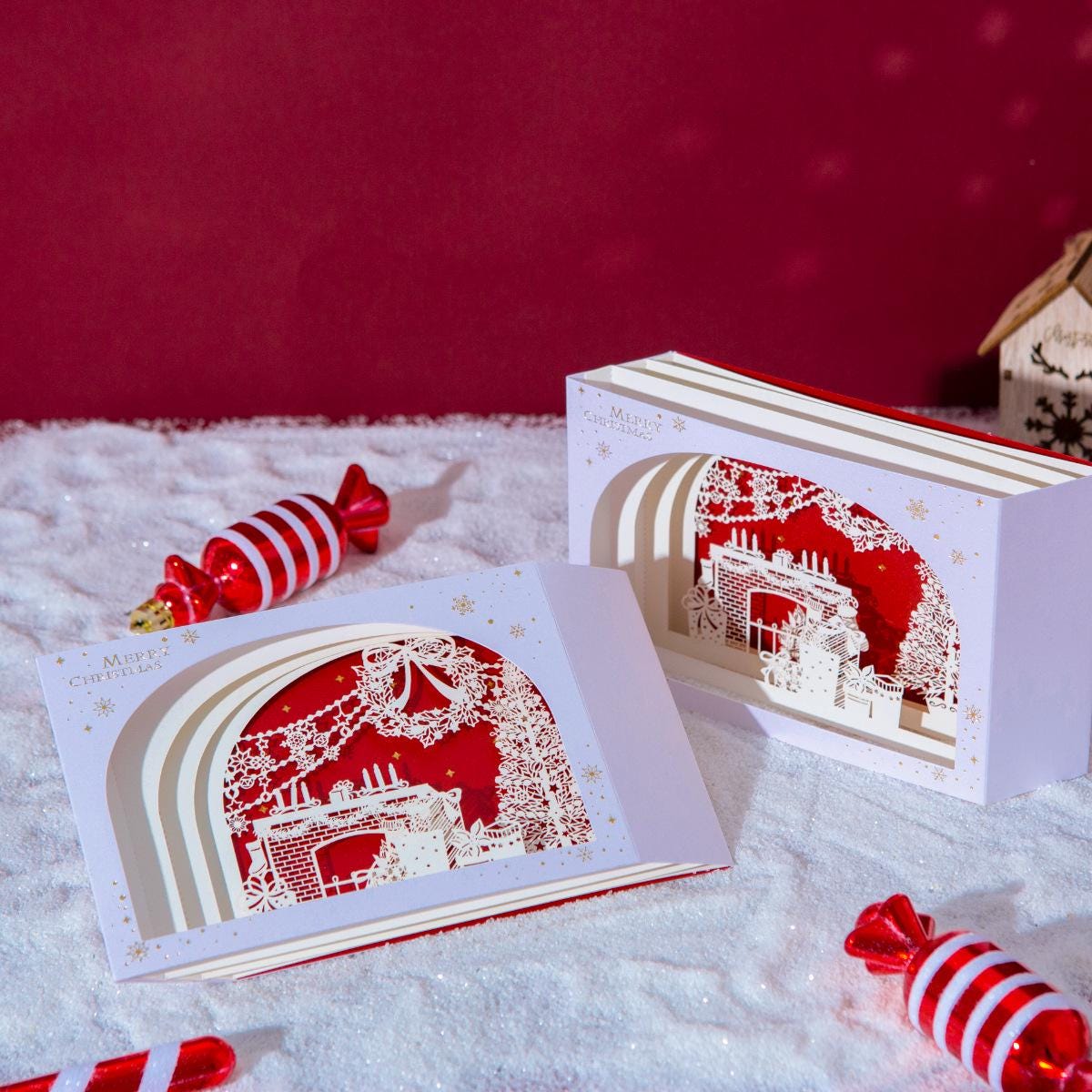 3D Pop‑up Christmas Greeting Card Laser Cut Paper Scene Desktop Decor Ornament