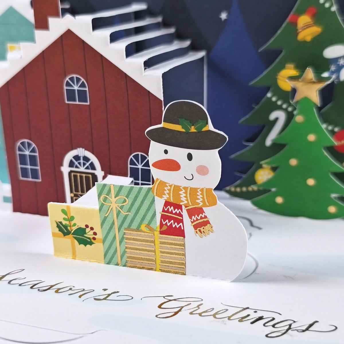 3D Pop Up Christmas Cards Set of 3, Festive Tree, Snowy Village and Presents