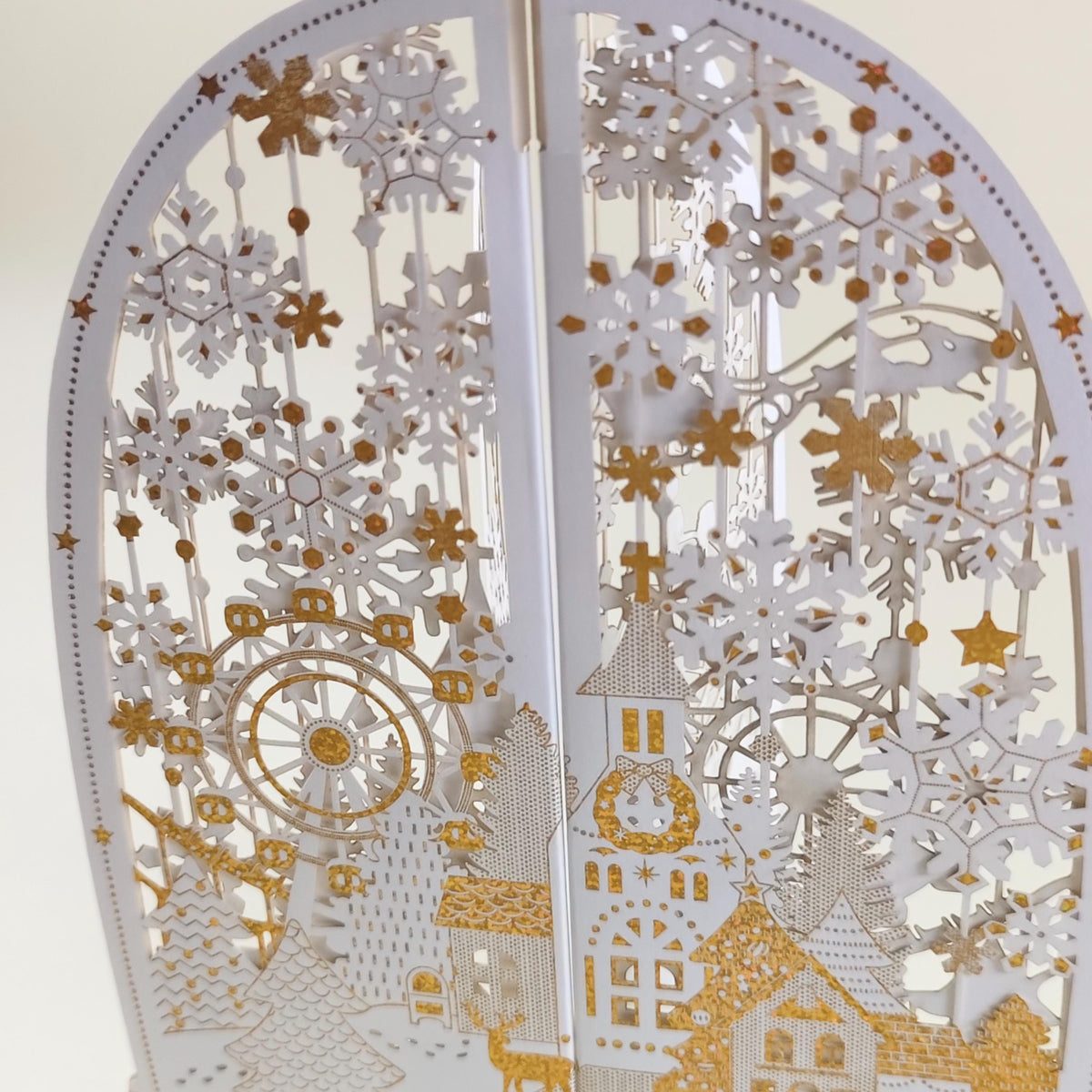 3D Christmas Village Pop Up Card, Gold Foil Snowflake Winter Wonderland Keepsake