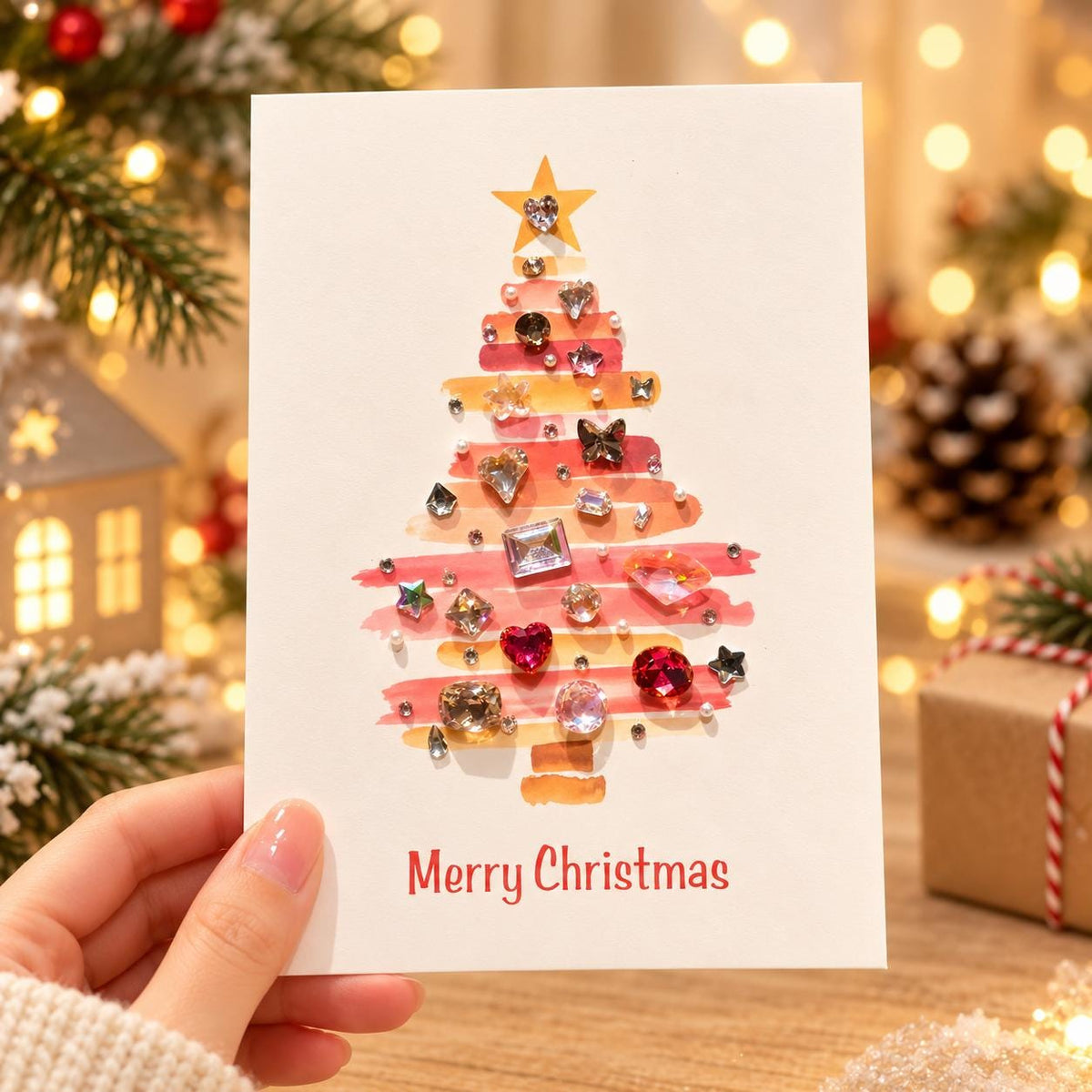 DIY Christmas Card Kit, Rhinestone Craft, Watercolour Tree, Handmade Festive Activity, Creative Gift Set