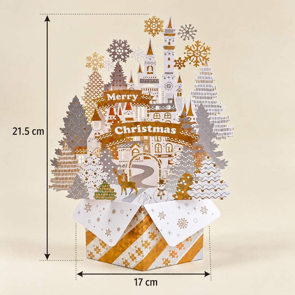 3D Christmas Castle Pop Up Card, Snowy Winter Wonderland Paper Sculpture