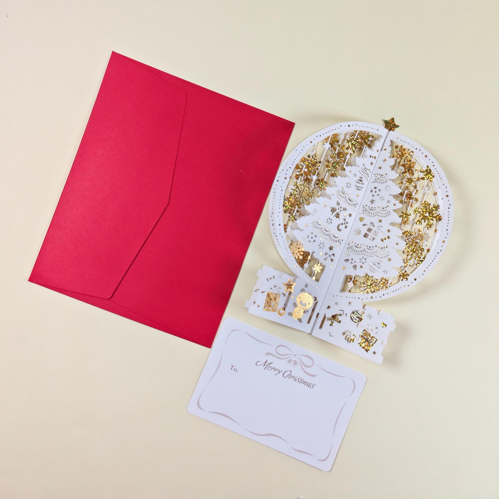 White Gold Snowflake Christmas Pop Up Card, 3D Paper Tree, Festive Keepsake Decoration