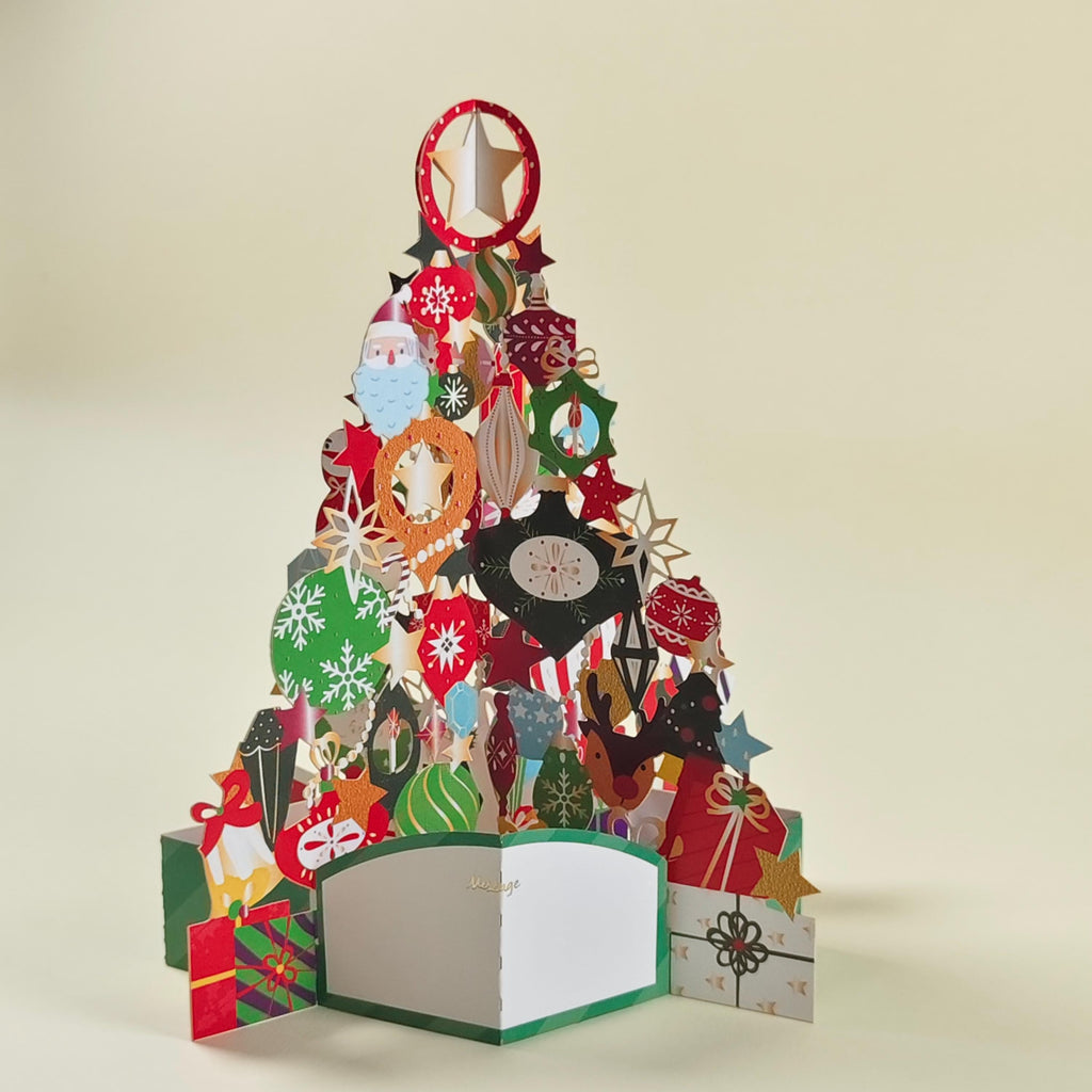 3D Christmas Tree Pop Up Card, Colourful Ornament Display, Festive Paper Greeting
