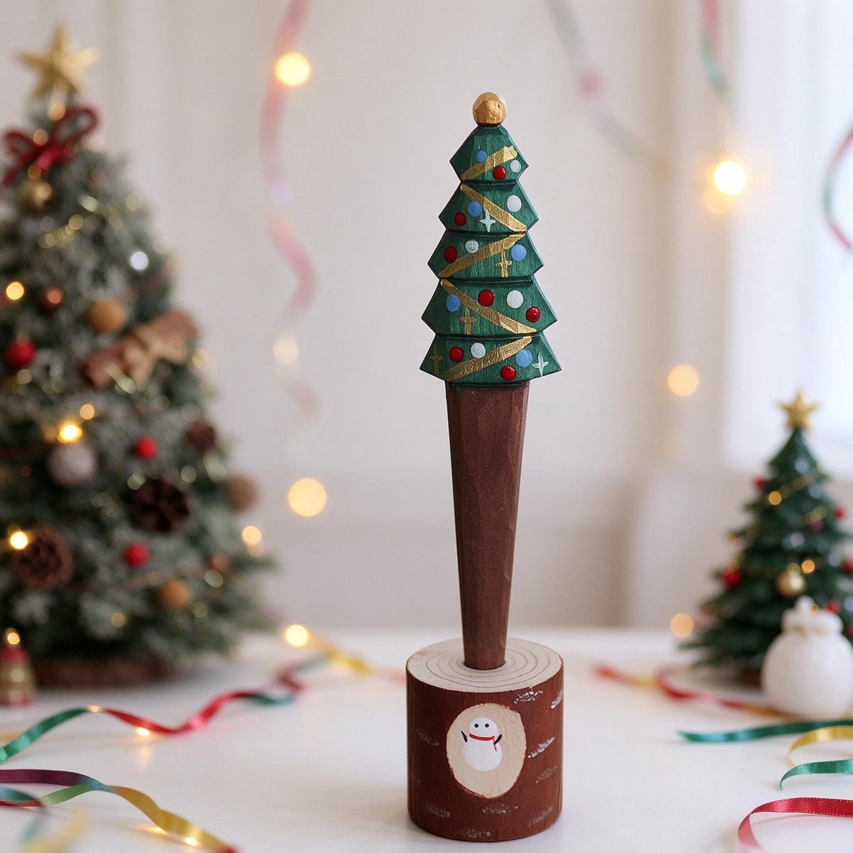 Hand Carved Wooden Christmas Pen Cute Santa Snowman Stationery Gift